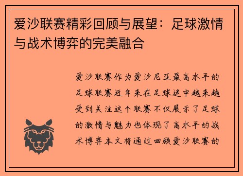 爱沙联赛精彩回顾与展望：足球激情与战术博弈的完美融合