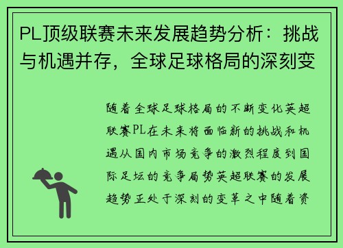 PL顶级联赛未来发展趋势分析：挑战与机遇并存，全球足球格局的深刻变化